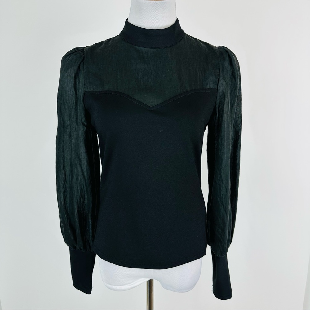 Flat White Black Sheer Bodice High Neck Voluminous Sleeve Top Size XS